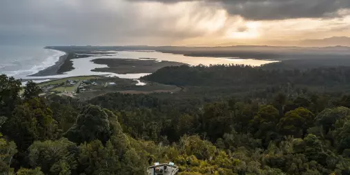 Okarito lookout platform above the forest near New Zealand’s West Coast
