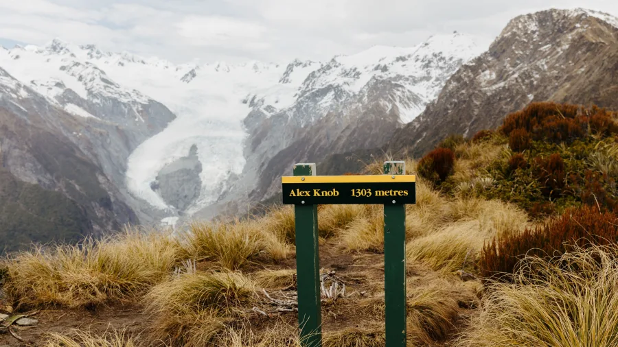 Alex Knob Track sign overlooking Franz Josef Glacier on the West Coast of New Zealand