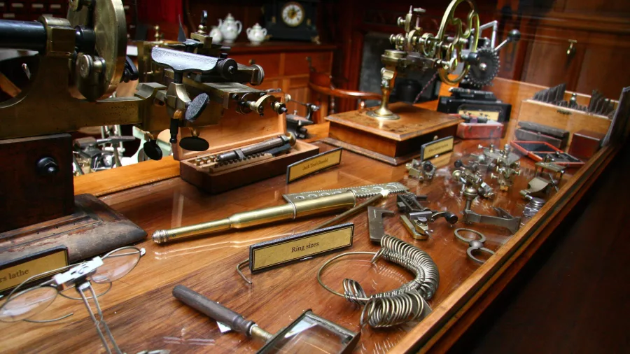 Antique watchmaking and jewellery tools on display at Shantytown Heritage Park’s Watchmaker and Jewellers Shop in Greymouth, New Zealand.