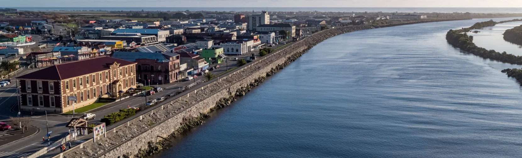 Aerial view of Greymouth town along the Grey River on New Zealand’s West Coast