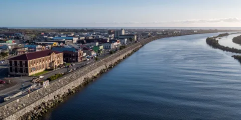 Aerial view of Greymouth town along the Grey River on New Zealand’s West Coast