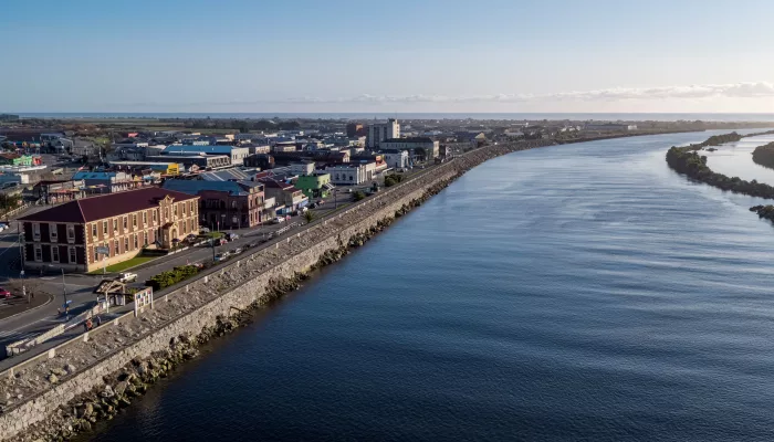 Aerial view of Greymouth town along the Grey River on New Zealand’s West Coast