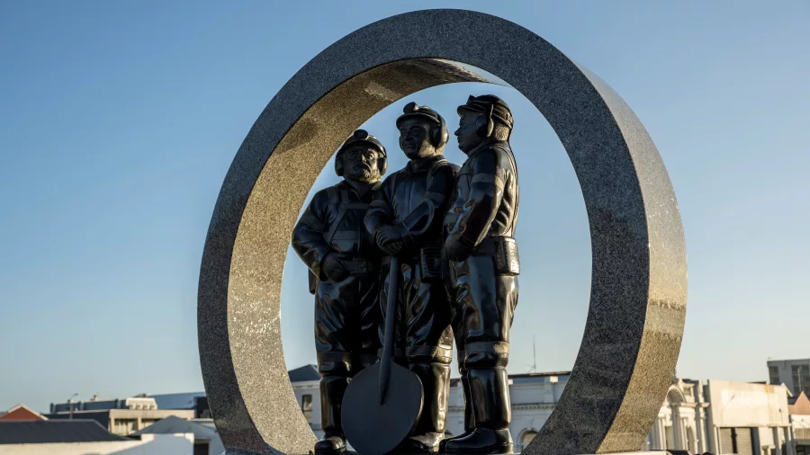 Statue of coal miners at the Greymouth Miners Memorial on the West Coast of New Zealand