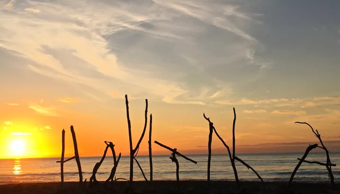 Driftwood sign spelling ‘Hokitika’ at sunset on the West Coast beach
