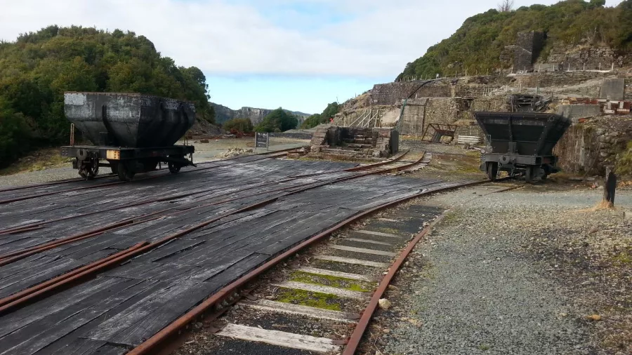 Old coal wagons and railway tracks at Denniston Plateau on the West Coast, New Zealand