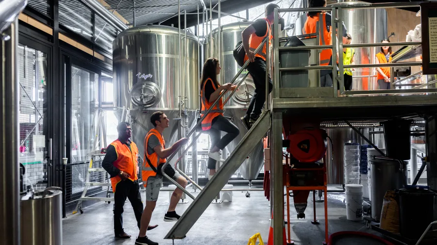 Tour group climbing stairs to explore the fermentation area at Monteith’s Brewery
