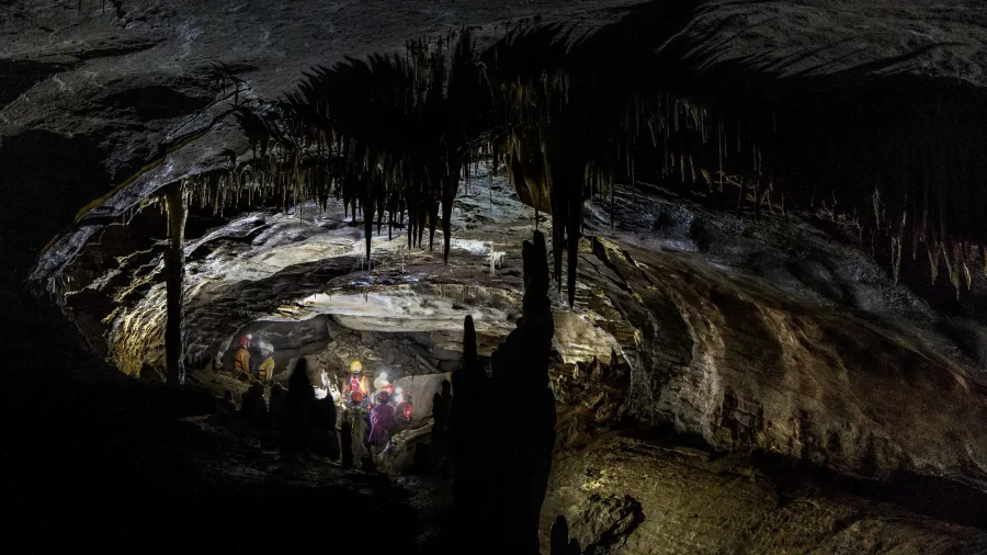 Guided tour group explores a large chamber filled with stalactites in Charleston