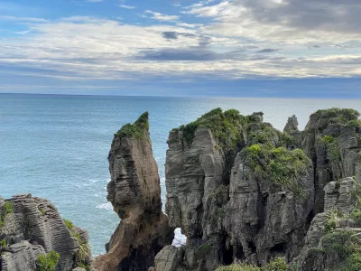 Layered limestone formations known as Pancake Rocks at Punakaiki in Paparoa National Park