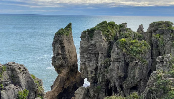 Layered limestone formations known as Pancake Rocks at Punakaiki in Paparoa National Park