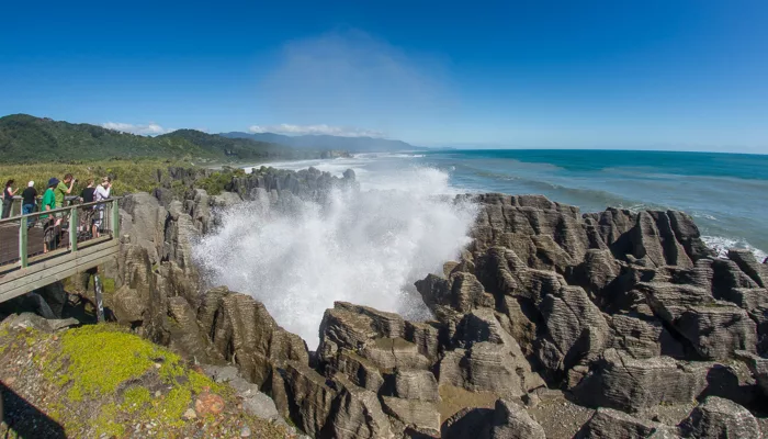 Powerful ocean surge at the Pancake Rocks and Blowhole in Punakaiki, West Coast