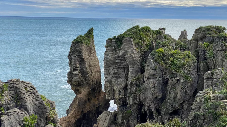 Layered limestone formations known as Pancake Rocks at Punakaiki in Paparoa National Park