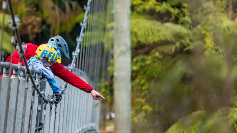 Adult and child wearing helmets pointing from Macpherson Bridge on the West Coast Wilderness Trail