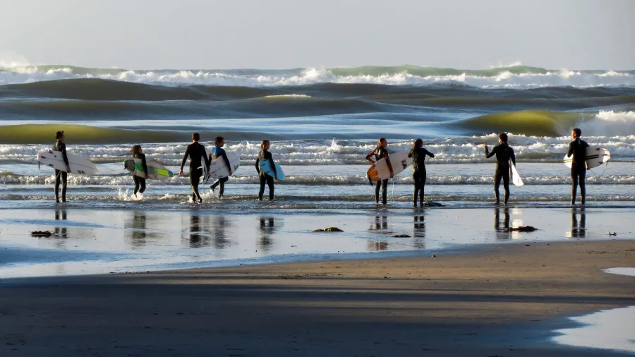 Group of surfers entering the waves at Tauranga Bay near Westport on New Zealand’s West Coast