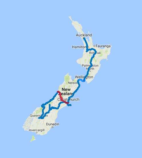 Map of 19 Day Auckland to Christchurch Family Adventure