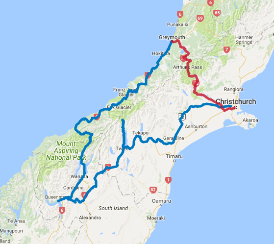 Map of 7 Day Lakes, Mountains, and Glaciers Self Drive