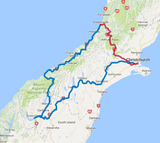 Map of 7 Day Southern Highlights Milford Sound Self Drive