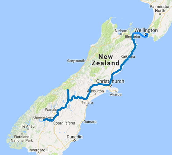 Map of 8 Day Southern Highlights Wellington to Queenstown Self Drive