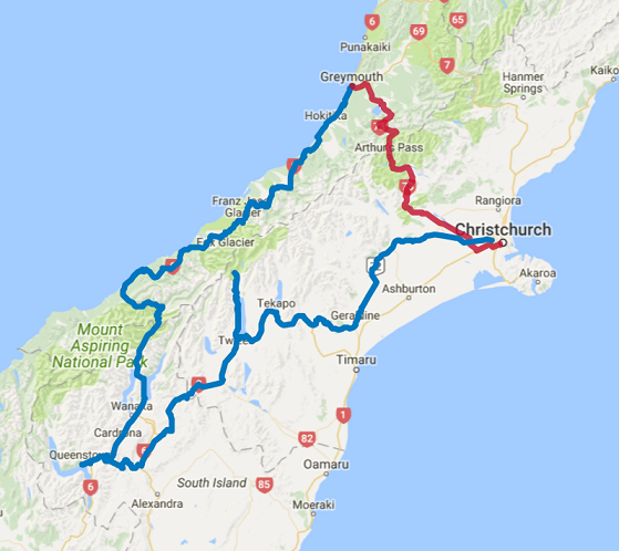 Map of 9 Day Southern Explorer Self Drive from Queenstown