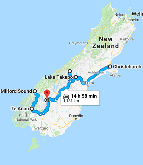 Map of 7 Day South Island Express Self Drive