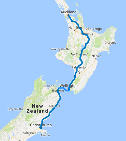 Map of 10 Day Auckland to Christchurch Self Drive