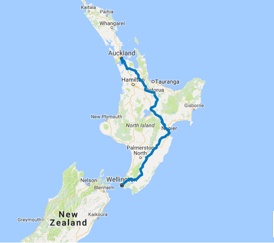 Map of 7 Day Wellington to Auckland North Island Explorer Self Drive