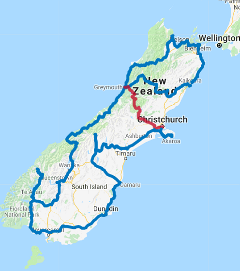 Map of 21 Day South Island Grand Self Drive